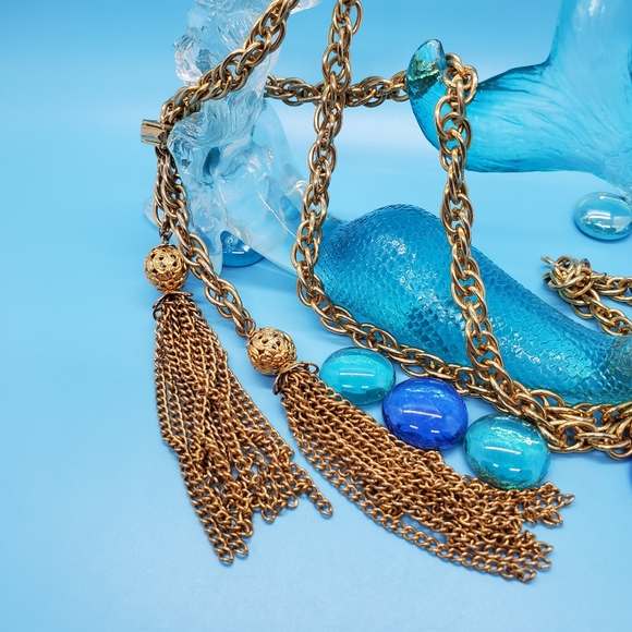 VINTAGE Goldtone open thick chain rope necklace ball and tassels Statement Piece - Picture 2 of 6